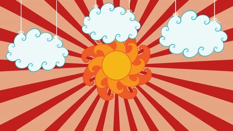 Retro background with vintage clouds and sun. Looping animation