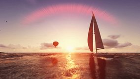 Sunrise summer scene, air balloon and yacht sailing, flight over sea