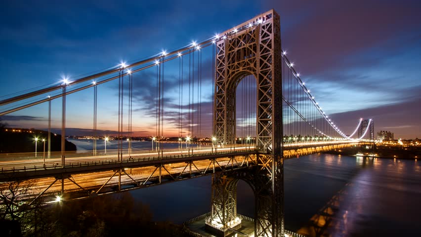 Timelapse with George Washington Bridge traffic crossing Hudson river between New Jersey and New York, at sunrise (4k). For the ProRes HD 1.9GB version, check clip ID 9565631