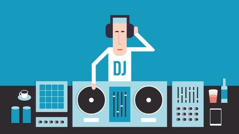 DJ with turntables, dance music, flat design, on a blue background
