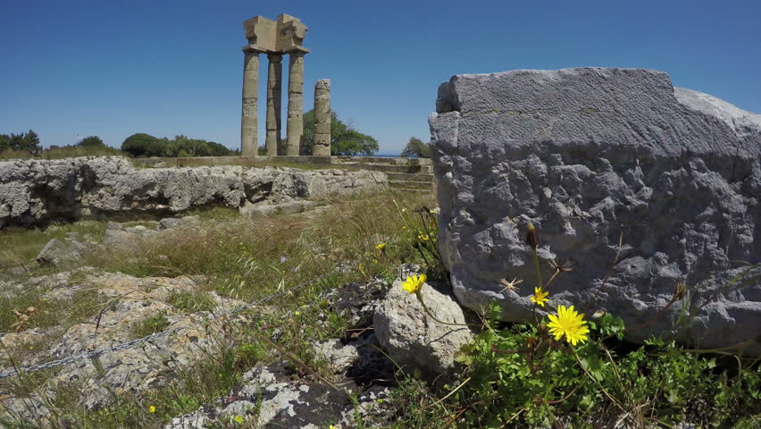 Rhodes oldest historical city Apollo temple ruins columns in acropolis, Rhodes. 4K