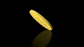 Golden coin, worth one day, slowly and endlessly spinning on a reflecting surface on black. Obverse: broken skull as interest percent sign. Mute 14 seconds video of rendered 3d design.