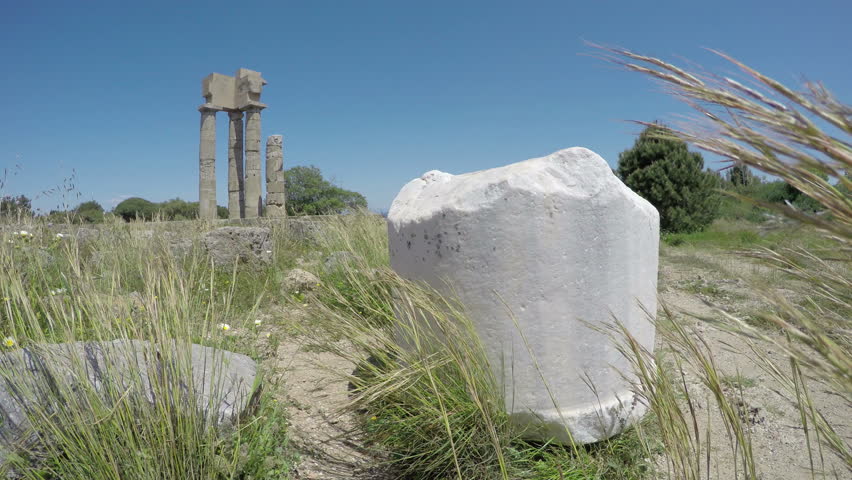 Rhodes  historical city Apollo temple ruins columns in acropolis, Rhodes. Time-lapse 4K
