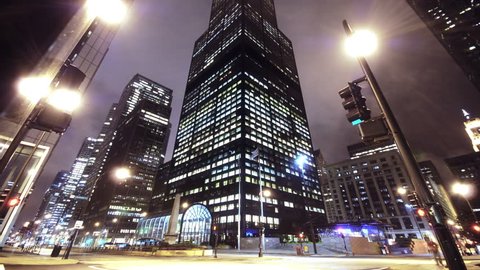 Chicago architecture, downtown Sears-Willis Tower timelapse, looking up with foggy clouds.