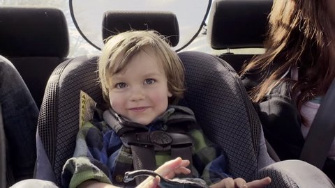 Little Boy Hides Behind His Toy Dinosaur And Smiles Happily In His Car Seat