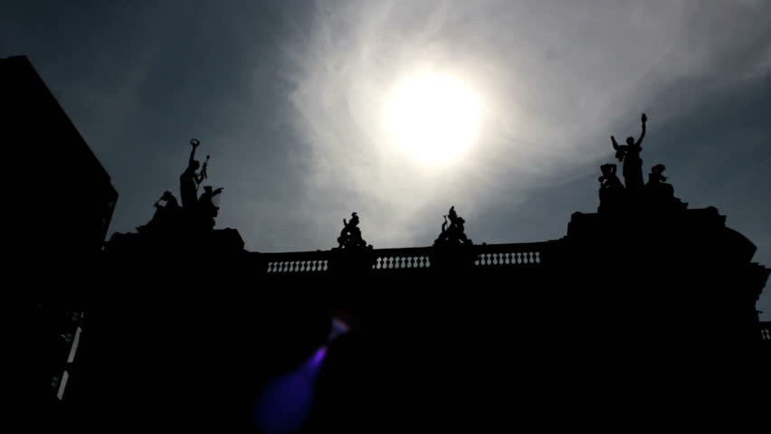 Municipal Theatre of Sao Paulo, Brazil. One of the landmarks of the city of São Paulo.  Silhouette. Building and statues. 
