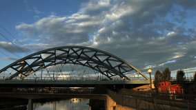 Morning Clouds over Bridge in Confluence Park in the heart of Denver. HD 1080p timelapse