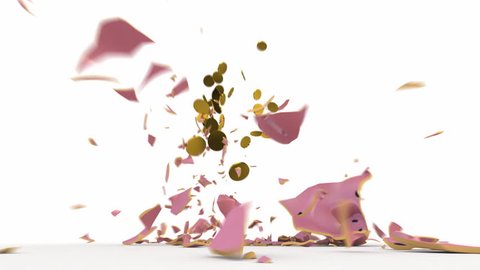 Falling pink piggy bank breaking into pieces