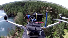 POV clip with flying over lake and wood  filming drone