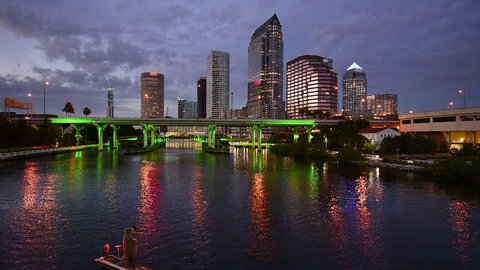 Tampa, Florida, USA downtown skyline footage at twilight.