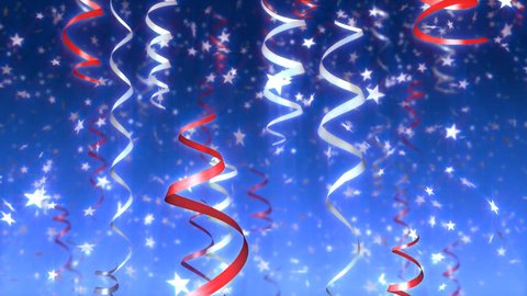 Streamers and confetti falling: USA Stars and Stripes Background Loop. Animation for Fourth of July / American Independence Day, or other patriotic celebration. Red, white, and blue.