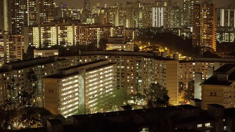 Night cityscape, residential buildings, block of flats, Singapore, Asia, April 2015.