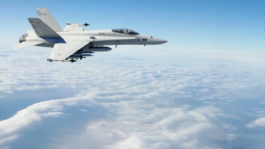 An F18 Fighter Jet flying high above the clouds. (Highly detailed animation of