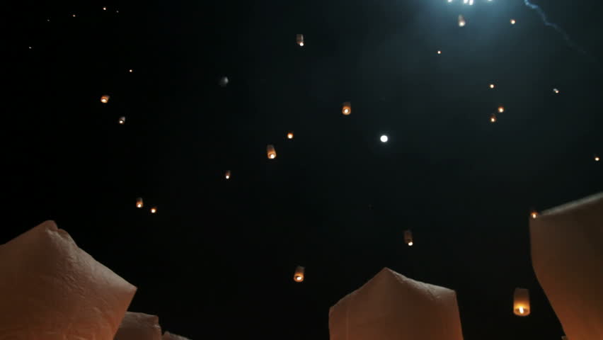 Hundreds of rice paper hot air balloons are launched during the Loi Krathong