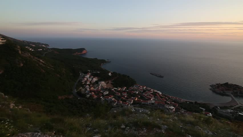 Sveti Stefan island-resort, Montenegro. View from the top of mountain. Balkans, Adriatic sea, Europe. Beauty world.