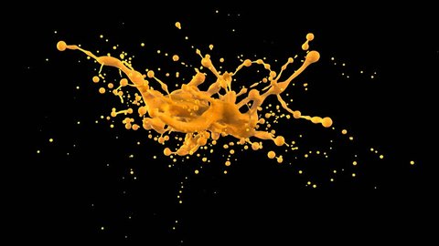 4k yellow bright paint splash, orange juice in slow motion isolated on black background (Hd, ultra 3840 X 2160, ready for compositing, with alpha) isolated on black, macro, close up