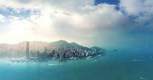 Aerial panorama of Hong Kong island at sunny day. Time lapse video of fast moving clouds over high buildings in modern city