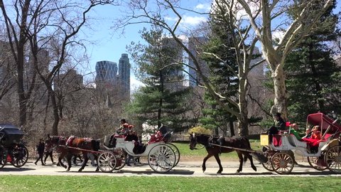 NEW YORK, USA - APRIL 11, 2015: Horse-drawn carriages carry tourists past pedestrians and joggers through a busy corner of Central Park