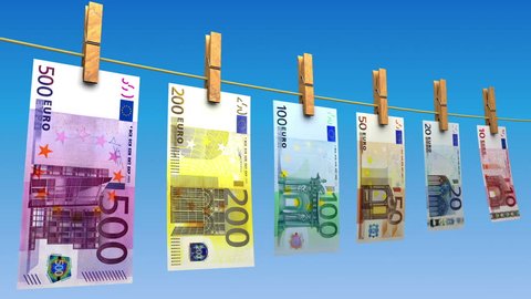 Drying Euros (Loop). Euro bills hanging on blue background. Seamless loop.