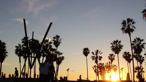 Venice Beach park at sunset Stockvideó