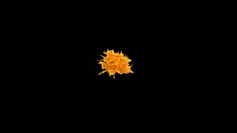 4k yellow bright paint splash, orange juice in slow motion isolated on black background (Hd, ultra 3840 X 2160, ready for compositing, with alpha) isolated on black