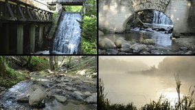 Flowing water. Brook waterfall stream between stones. Dense fog on river water in early morning. Montage of video footage clips collage. Split screen. Black angular frame. Full HD 1080p
